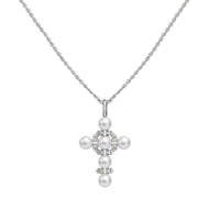 Crislu Brilliant & Pearl Cluster Cross Necklace in platinum silver