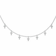 Load image into Gallery viewer, platinum silver chain with 7 small crosses dangling from it
