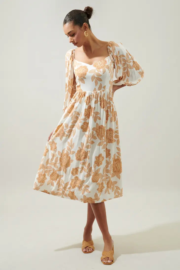 Essenna Floral Granger Puff Sleeve Midi Dress - White/Taupe