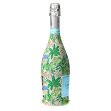 Load image into Gallery viewer, Champagne Bottle covered with the Verde Palm Pavilion Prosecco Bottle Wrap side view
