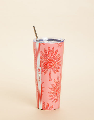 Stainless Steel Drink Tumbler with straw pink images of Palmetto Fronds