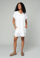 person wearing Dolman Sleeve Button Down Mini Shirt Dress - White