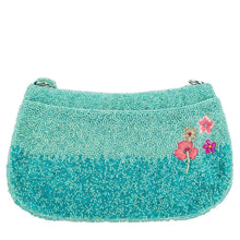 Load image into Gallery viewer, Flirty Flamingos Beaded Pink Flamingos Crossbody Handbag back view with blue beads and a few small flowers
