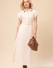 Load image into Gallery viewer, off white dress with short sleeves, collar and wide belt 
