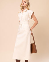 Load image into Gallery viewer, off white dress with short sleeves, collar and wide belt 

