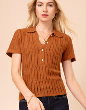 Load image into Gallery viewer, person wearing a Chantel Crochet Polo Pecan top
