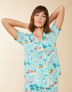 Spartina 449 Pajama Short Sleeve Top Florida - fabric is light blue fabric with colorful Florida themed motifs collared neckline short sleeves and button up front