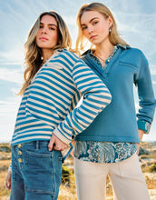 Load image into Gallery viewer, person in Spartina 449 Kayden Sweatshirt Riverside Stripe and blue
