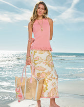 Load image into Gallery viewer, person wearing Spartina 449 Jersey Midi Skirt Castillo Jacobean Cream holding a bag while at the beach
