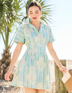Dress with short sleeve, collar neckline, button front, light blue with cream and green print