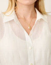 Load image into Gallery viewer, close up of collared neckline and white buttons
