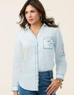 Spartina 449 Aida Buttonfront Shirt Flagler Resort Stripe long sleeve light blue shirt with embroidered accents 