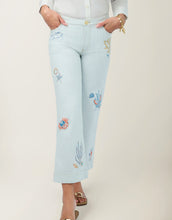 Load image into Gallery viewer, Mable Wide Leg Jean Flagler Resort Stripe blue and white striped pants with embroidered sea creature themed accents 

