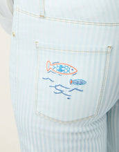 Load image into Gallery viewer, Mable Wide Leg Jean Flagler Resort Stripe close up of fish embroidered on back pocket 
