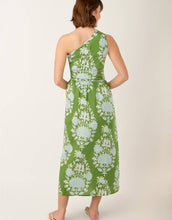 Load image into Gallery viewer, back of the one shoulder green and light blue floral print long dress
