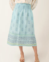 Load image into Gallery viewer, light blue long skit with darker blue patter and ruched waistline
