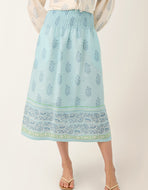 light blue long skit with darker blue patter and ruched waistline