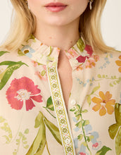 Load image into Gallery viewer, close up of button front and ruffle neckline 
