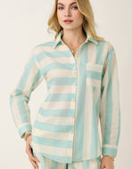 cream long sleeve shirt with wide vertical and horizontal blue stripes