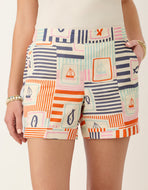woman wearing Spartina 449 Josie Short Admiral cotton shorts with nautical pattern in navy, pink, orange, light blue