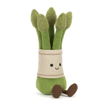 Load image into Gallery viewer, Jellycat Amuseables Asparagus side view showing legs and smiling face
