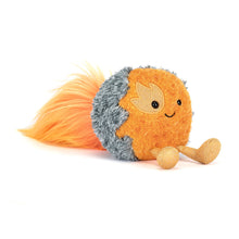 Load image into Gallery viewer, Jellycat Amuseables Space Comet plushy round orange and grey plushy with smiling face, orange legs and fuzzy orange 'tail'
