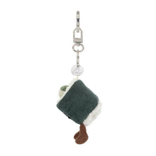 Load image into Gallery viewer, Side view of Jellycat Amuseables Hosomaki bag charm with green sushi wrap, fluffy white rice, brown legs and silver clasp.

