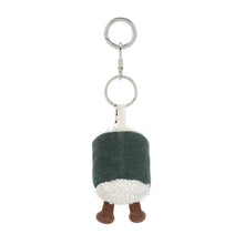 Load image into Gallery viewer, Back of Jellycat Amuseables Hosomaki bag charm showing textured green fabric, fluffy white rice, brown legs and silver key ring.

