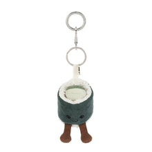 Load image into Gallery viewer, Jellycat Amuseables Hosomaki bag charm with a smiling green sushi roll, fluffy white rice, brown legs and silver key ring.

