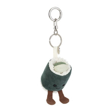 Load image into Gallery viewer, Angled view of Jellycat Amuseables Hosomaki bag charm showing its cucumber center, fluffy white rice, smiling face and brown legs.

