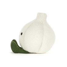 Load image into Gallery viewer, Jellycat Amuseables Garlic with smiling face a green feet side view
