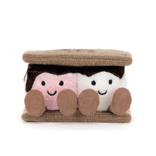 Load image into Gallery viewer, Plush toy shaped like two Marshmallows covered in chocolate and set between gram crackers each marshmallow has a smiling face and tan legs 
