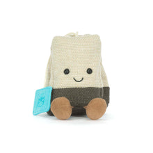Load image into Gallery viewer, Front view of Jellycat Amuseables Steepy Tea Bag plush with cream and gray fabric, smiling face, and brown feet.

