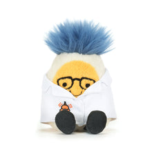 Load image into Gallery viewer, front view of Jellycat Amuseables Boiled Egg Scientist Outfit egg shaped plushy with fuzzy blue hair, smilie face with glasses, white lab coat and grey legs

