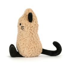 Load image into Gallery viewer, Jellycat Amuseables Peanut ‘Cat’ with black ears, tail and legs face and whiskers  side view to show tail
