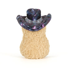 Load image into Gallery viewer, back view of Jellycat Amuseables Peanut Space Rodeo Outfit peanut plushy with hat made with star pattern fabric, plushy made with fuzzy tan fabric 
