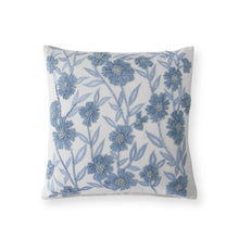 Load image into Gallery viewer, White Linen &amp; Blue Embroidered Floral Pillow
