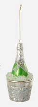 Load image into Gallery viewer, Glass Champagne Bucket Ornament Green and Silver
