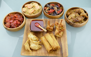 Four Acacia Wood Round Salad & Pasta Bowl with food