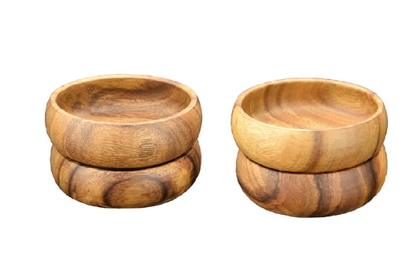 Four Acacia Wood Round Salad & Pasta Bowl