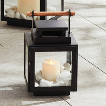 Load image into Gallery viewer, black metal lantern with glass sides and wood handle on the top of the lantern
