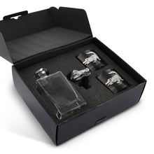 Load image into Gallery viewer, open black Arthur Court gift box with decanter and glasses in protective packaging   
