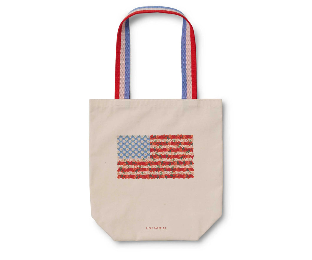 canvas tote with American flag made from flowers