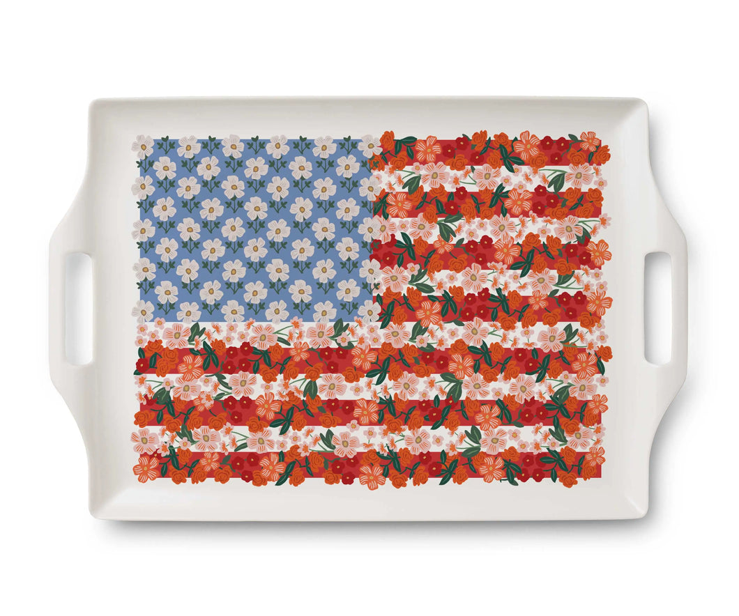White tray with handles with an American flag design created from flowers
