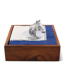Load image into Gallery viewer, Arthur Court Horse Head Napkin Weight on stack of napkins in a wooden boc
