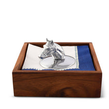Load image into Gallery viewer, Arthur Court Horse Head Napkin Weight on stack of napkins in a wooden boc
