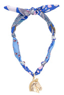  Light Blue/Light Pink/White fabric necklace with a gold Horse Head pendant