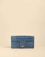 Load image into Gallery viewer, Blue leather Spartina 449 Siren Cassie Crossbody Croc with gold accents 
