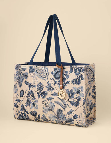 tote with tan and blue floral print