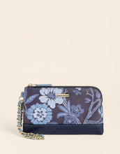 Load image into Gallery viewer, wristlet with blue floral print with metal chain handle and gold hardware 
